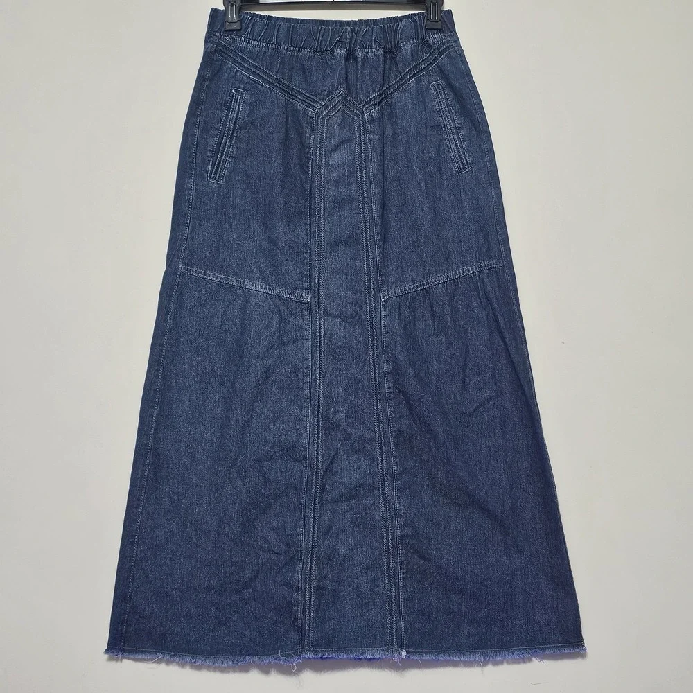 Women Jeans Skirt‎ Large 12/14 Long A-Line Cotton Blend Elastic Waistband 529